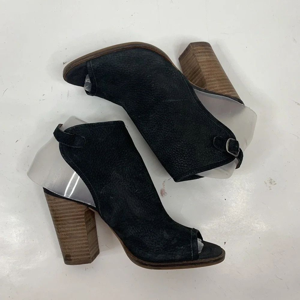 Lucky Brand 5.5 Lisza Bootie Peep Toe Slingback Stacked Block Heel Black Leather